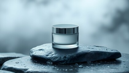 Spa-inspired still life, small blue jar on smooth beach stone, sandy shore background, generative ai