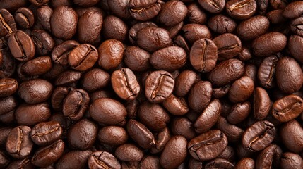 Fototapeta premium Close-up shows a pile of roasted coffee beans with rich brown colors and textures