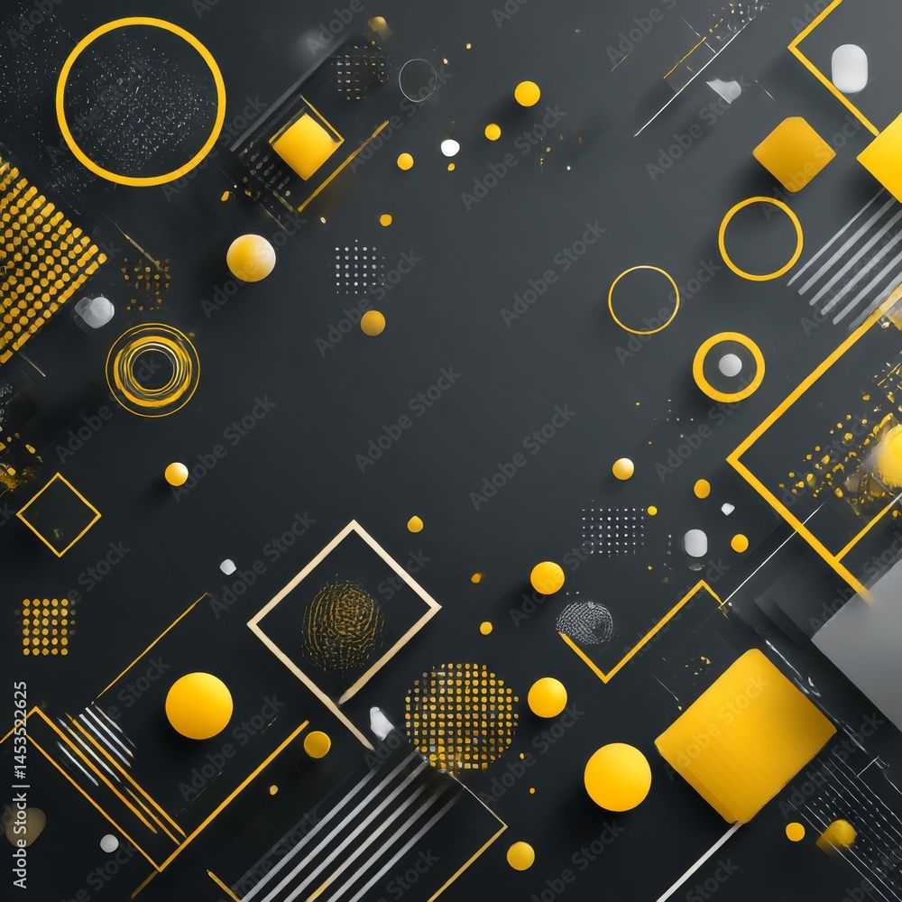 Poster abstract geometric composition in shades of gray and yellow: a modern design with circles, squares, 