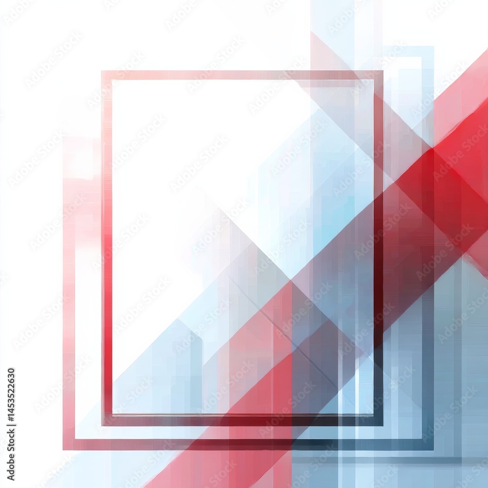 Poster abstract geometric composition with square frame and overlapping shapes in red, blue, and white