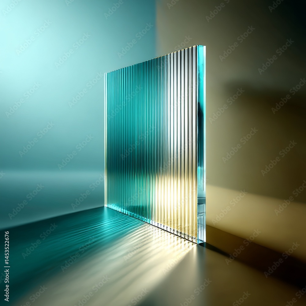 Poster abstract light and shadow play: ribbed glass panel casting patterned light in a two-toned room