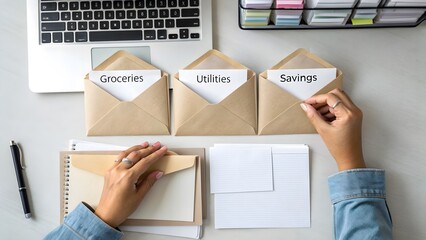 A close-up shot of hands organizing envelopes labeled with various expense categories, depicting the envelope budgeting method for effective financial management.
