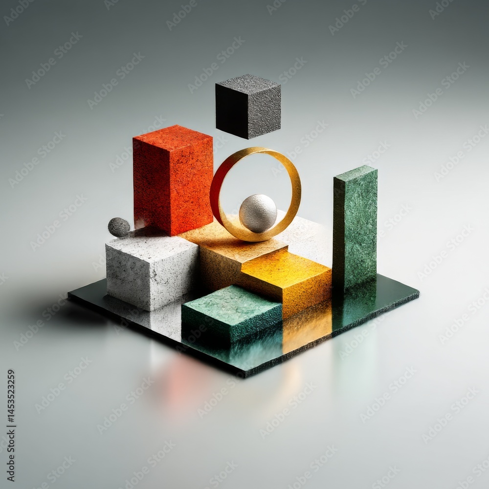 Aufkleber geometric still life composition with textured shapes and reflective surface art, abstract form