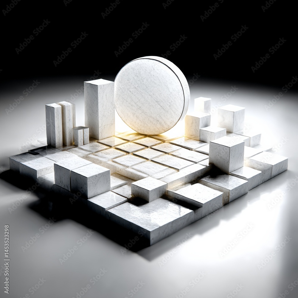 Aufkleber marble cityscape with sphere: a minimalist composition of geometric forms and subtle lighting