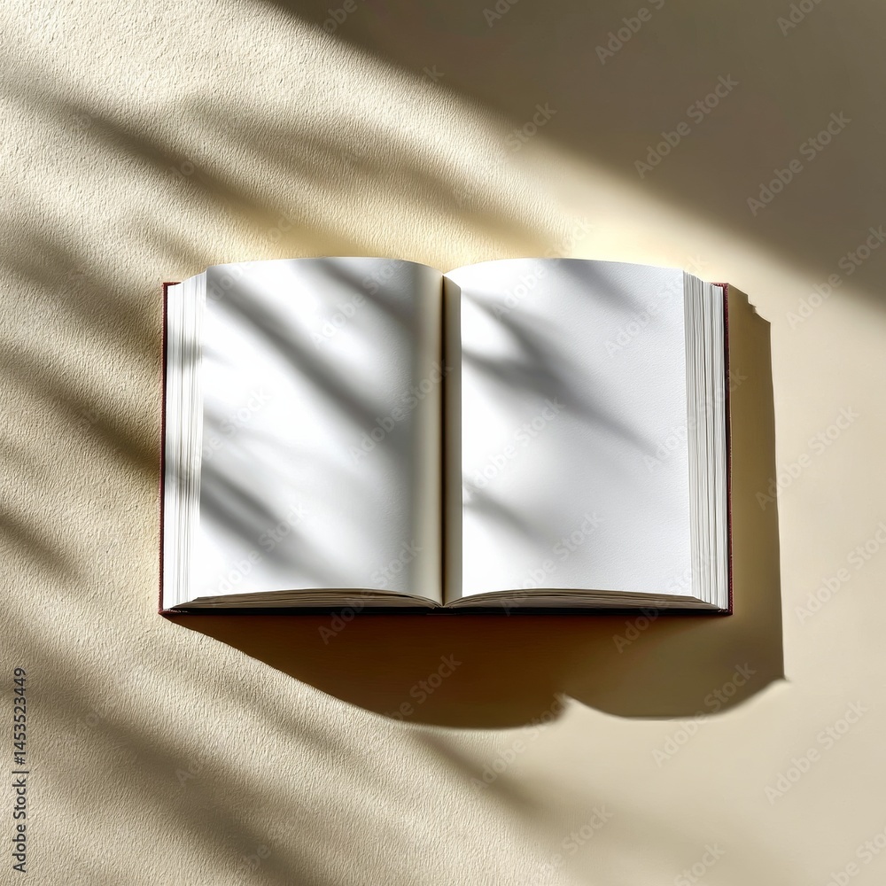 Poster open book bathed in sunlight: a blank canvas for thoughts and ideas in a peaceful, shadowed setting