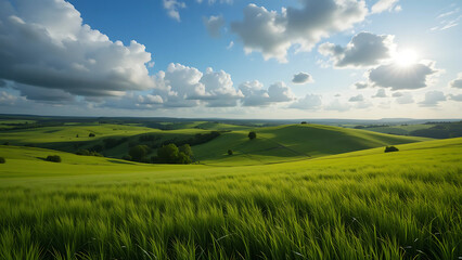 Obraz premium Landscape green hills and blue sky with clouds scenic view nature photography background wallpaper on transparent background
