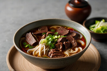 Culinary Bowl of Delight an eye-level, appetizing view of a steaming bowl filled with tender beef, noodles, and fresh garnishes, inviting the viewer to experience the enticing flavors of a delicious.