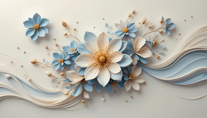 Elegant 3D floral background with pastel blue and beige paper-cut flowers, golden details, and flowing wave elements. Ideal for wedding invitations, luxury branding, beauty product packaging, or digit