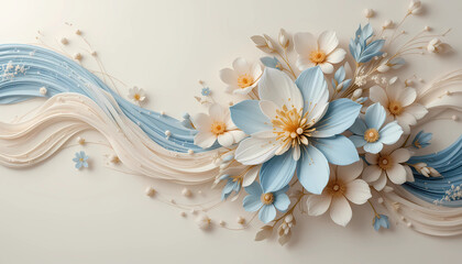 Elegant 3D floral background with pastel blue and beige paper-cut flowers, golden details, and flowing wave elements. Ideal for wedding invitations, luxury branding, beauty product packaging, or digit