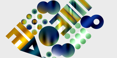 Abstract composition features colorful shapes, text elements, spheres. Gradient hues blend, creating dynamic visual impact. Modern design.