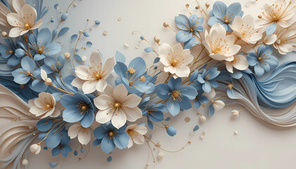 Elegant 3D floral background with pastel blue and beige paper-cut flowers, golden details, and flowing wave elements. Ideal for wedding invitations, luxury branding, beauty product packaging, or digit