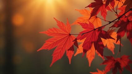 Autumn Maple Leaves Lit By Sunlight