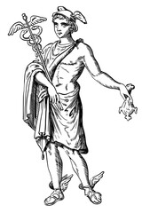 Illustration of Hermes, the Greek messenger god, with winged sandals, caduceus, and Petasos hat.