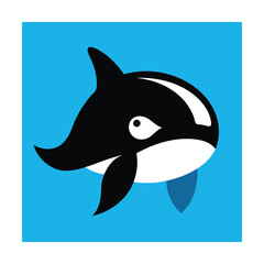 Simple cartoon illustration of a playful orca whale with black and white markings on blue background
