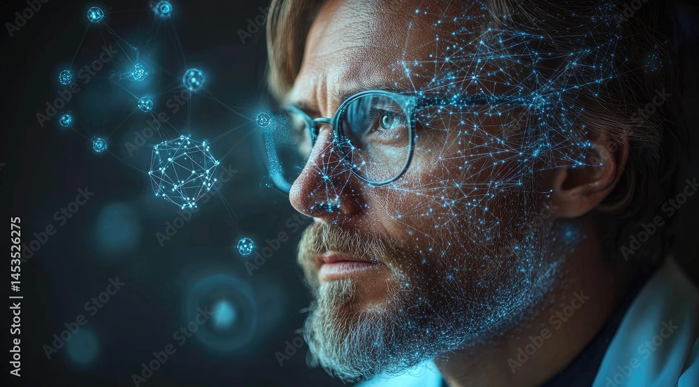 Poster close-up of a man with a thoughtful expression and digital network overlay.