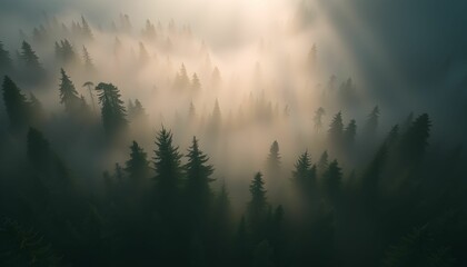 Obraz premium Aerial view of misty forest, foggy pine trees, golden sunbeams, atmospheric landscape, moody lighting, ethereal scenery, cinematic, dramatic shadows, nature photography