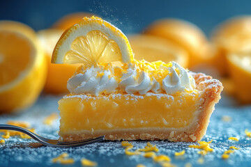 Fork piercing a slice of lemon pie.