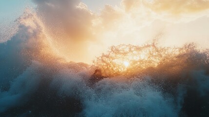 Fototapeta premium Ocean Wave Sunset: Golden Light, Dramatic Spray, Serene Seascape