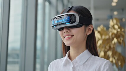 Virtual Reality in Modern Life: A vibrant woman, captivated by the immersive world of virtual reality, explores the cutting edge of technology, embodying innovation and forward-thinking. 