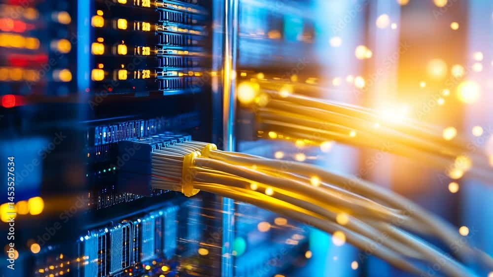 Poster network cables connected to server in data center with lights