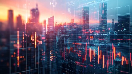 Fototapeta premium double exposure of a stock market ticker and financial charts overlaid with a bustling city skyline, symbolizing economic activity