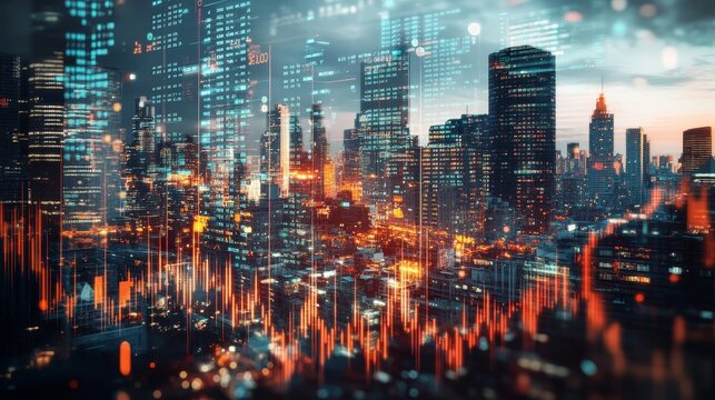 double exposure of a stock market ticker and financial charts overlaid with a bustling city skyline, symbolizing economic activity