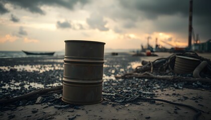 Naklejka premium Post-apocalyptic cityscape, rusty oil barrel, broken buildings, flooded landscape, ominous sky, industrial wasteland, muted colors, cinematic lighting, dramatic atmosphere