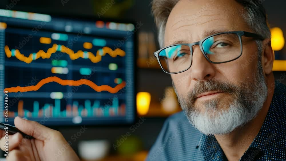 Poster businessman analyzing data trends with graphs on computer screen