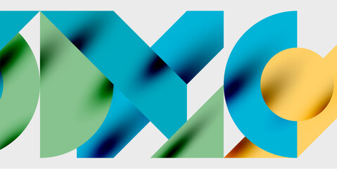 Abstract geometric shapes overlap, creating vibrant color gradients. Design features teal, yellow, green hues. Modern aesthetic.