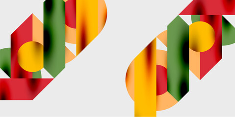 Abstract geometric shapes overlap, creating colorful patterns. Red, green, yellow hues dominate composition. Minimalist design.