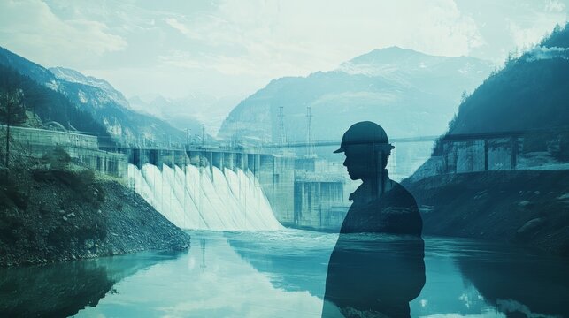 worker at a hydroelectric dam overlaid with a flowing river surrounded by mountains, representing renewable energy and natural power