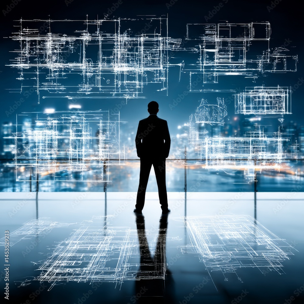 Aufkleber architect of the future: silhouette contemplates the city's blueprint in a high-tech environment.