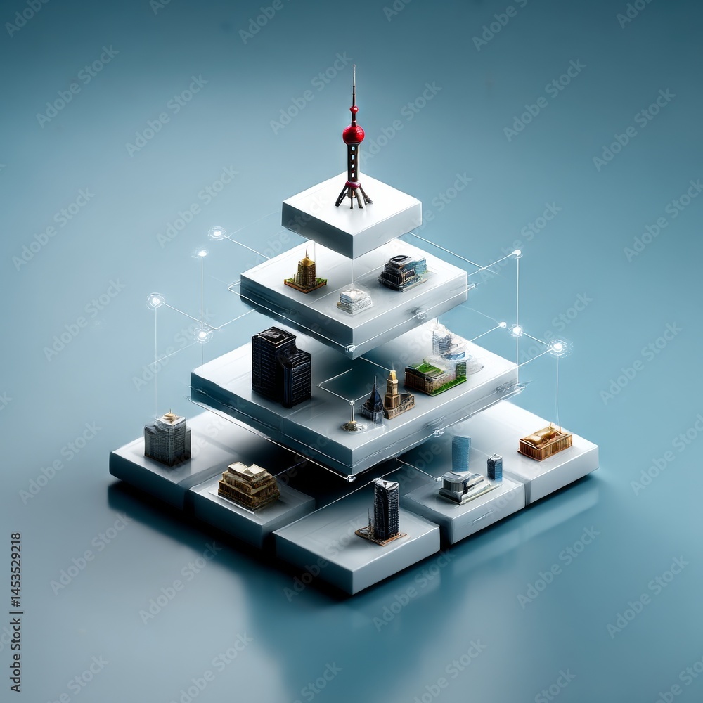 Poster architectural hierarchy: miniature cityscapes on ascending platforms with connection lines