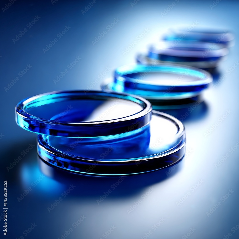 Aufkleber Blue Glass Stacks on a Gradient Background, Reflecting Light with a Layered and Circular Pattern.