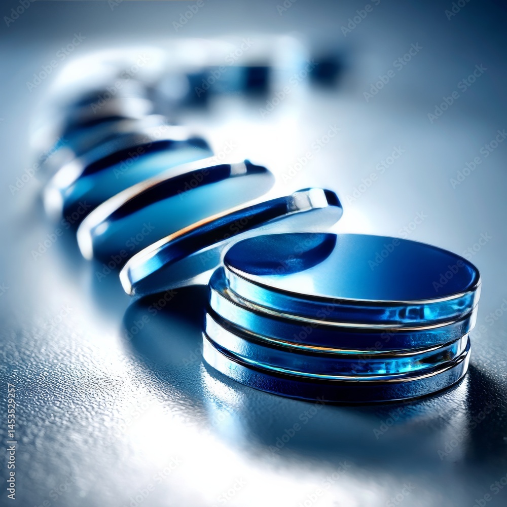 Aufkleber Blue Metallic Discs in a Line: Abstract Modern Design with Reflection and Light on a Textured Surface 