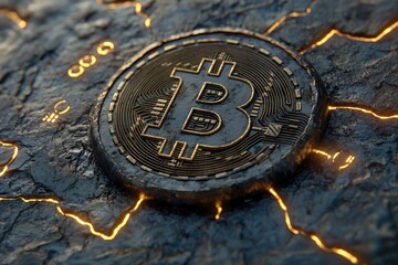 Digital Currency Evolution Depicted with Blockchain Symbol on Metallic Surface