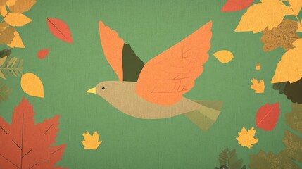 Obraz premium Colorful Autumn Illustration: Bird Flying Among Falling Leaves on Textured Background
