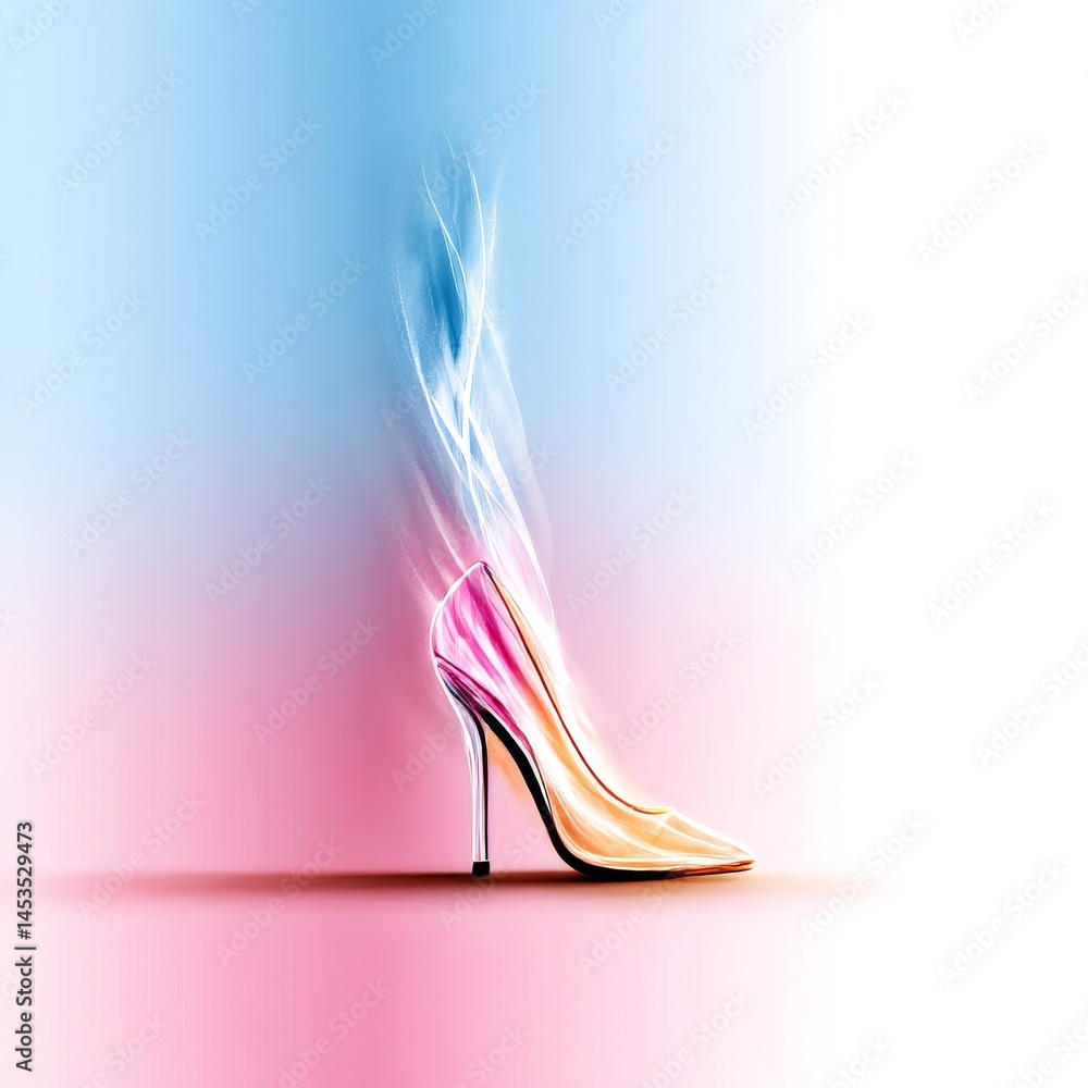 Poster elegance in motion: a stylish high heel shoe with abstract smoke emanating, against a soft gradient 