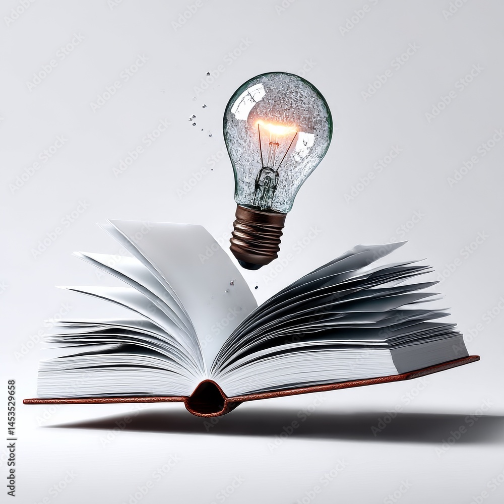 Poster Illuminating Knowledge: A Floating Light Bulb Sparks Creativity Above an Open Book, Symbolizing the Power of Learning.