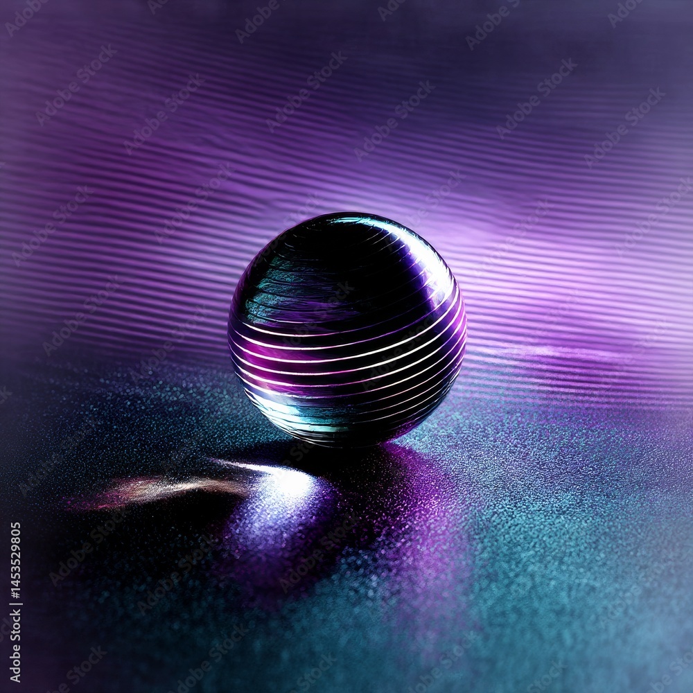 Poster mystical sphere: reflecting light and shadow on a textured surface with vibrant purple and teal hues