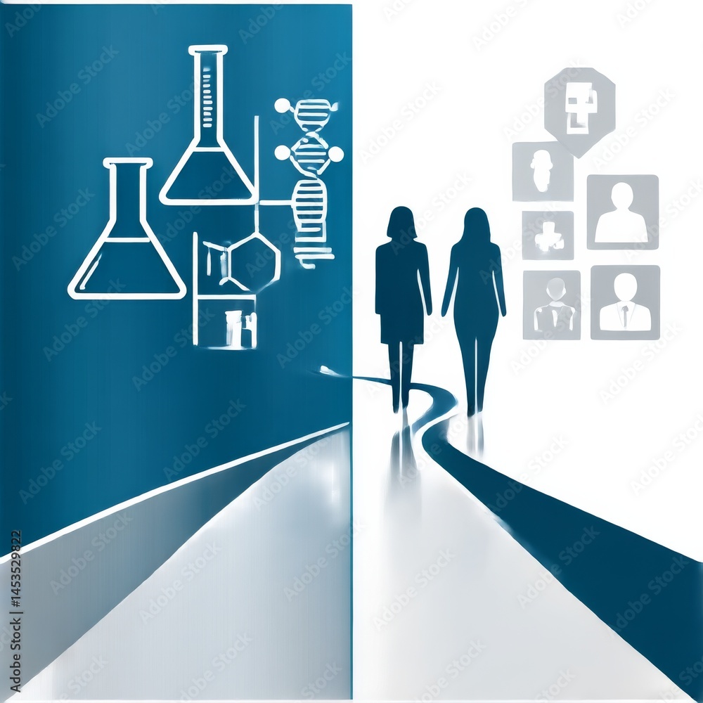 Poster navigating science and business: two women on a path from laboratory to workplace, with emerging tec