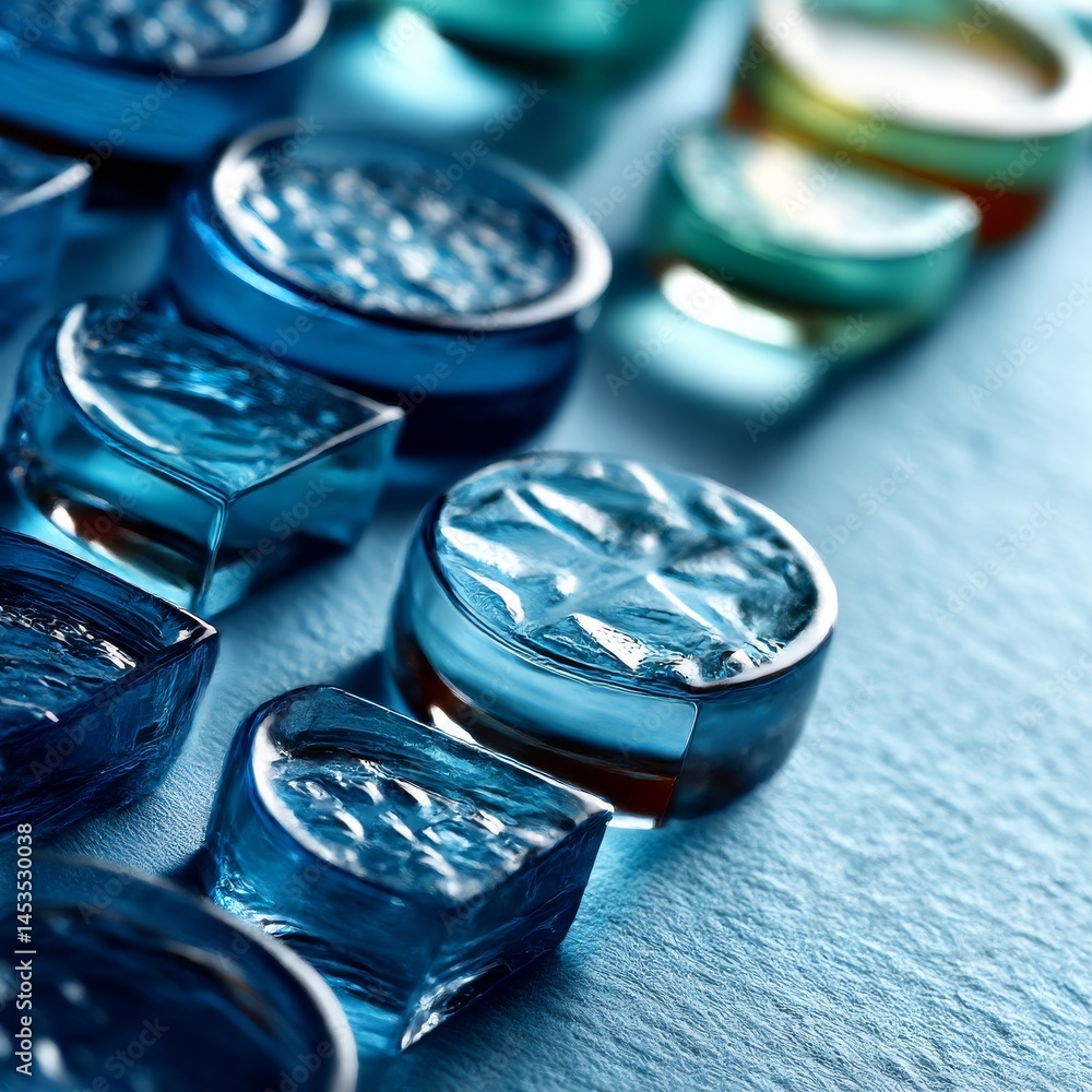 Poster translucent blue and teal glass shapes, a macro image capturing light and texture with geometric des