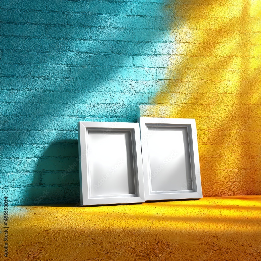 Poster two white frames against a colorful brick wall under a playful light and shadow, a modern and abstra