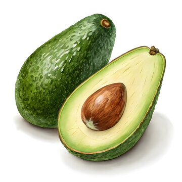 green avocados, one sliced, white background clip art preview