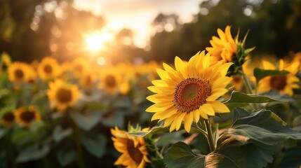 Obraz premium Vibrant Sunflower Field at Golden Hour Capturing Nature Beauty in Blooming Splendor