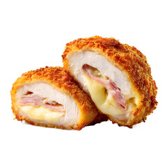 Stuffed chicken cordon bleu photographed in studio lighting with isolated white background focusing on breadcrumb crust, interior color, and presentation
