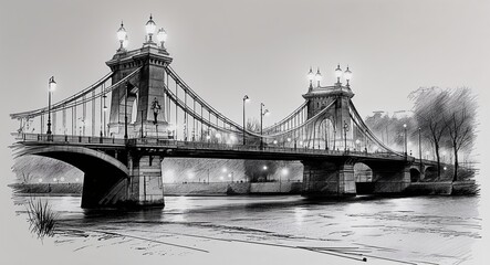 Obraz premium Bridge lit up with streetlights over a river design in sketch hand drawing black and white on plain white background