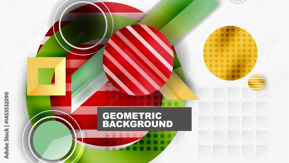 Poster Abstract geometric composition. Overlapping shapes, vibrant colors, modern design. Circles, squares, stripes create dynamic visual effect.