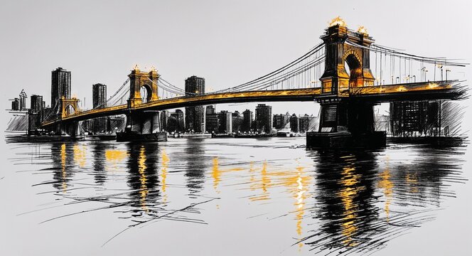 City bridge with glowing lights and reflections on the water design in sketch hand drawing black and white on plain white background