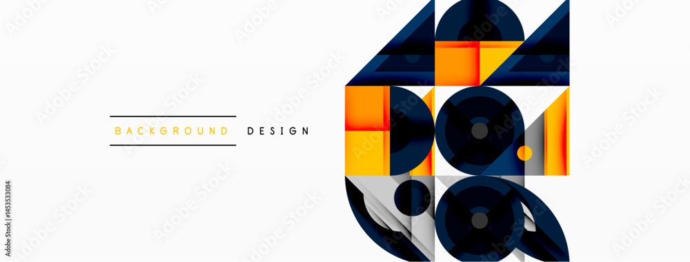 Poster Abstract geometric shapes, blue, orange, white. Minimalist design elements create modern background texture. Clean lines, simple composition.